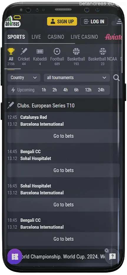 Screenshot of the SPORT page of the Betandreas mobile app