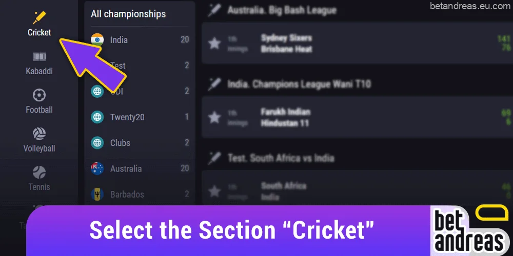 In your personal cabinet, select the "Betandreas cricket" section