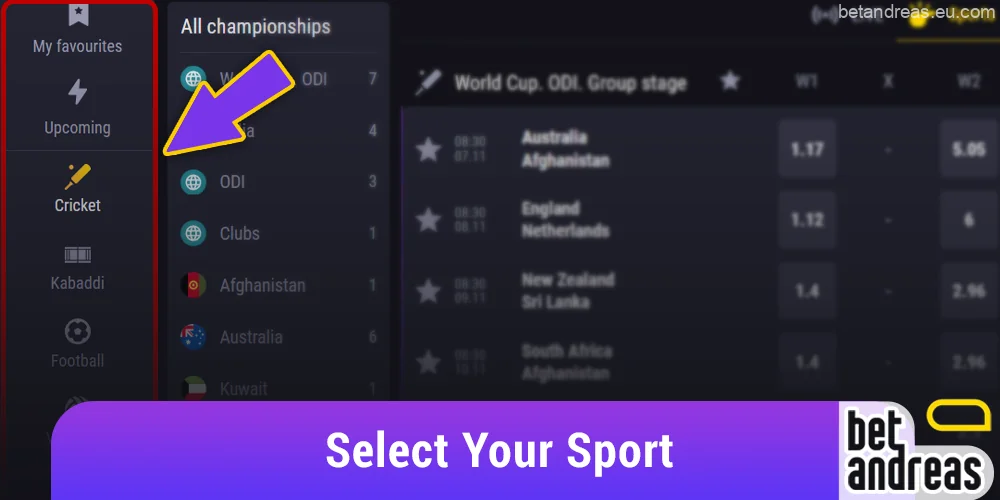 Select the sport on Betandreas that you want to bet on