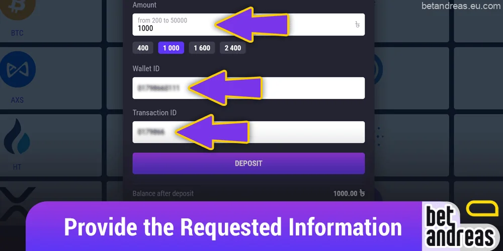 Select the requested information and deposit amount at your account on Betandreas