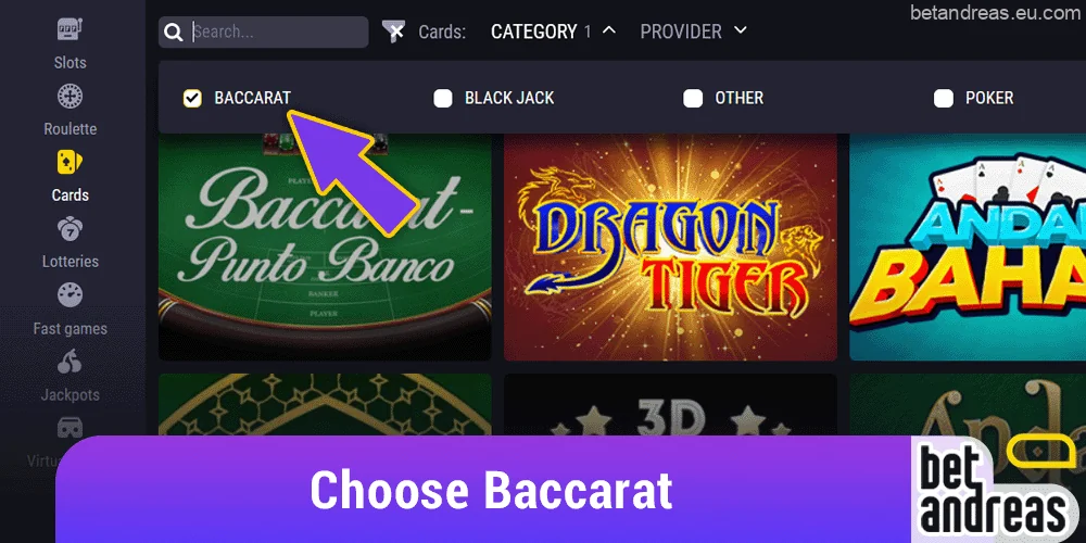 Select the Baccarat category on Betandreas