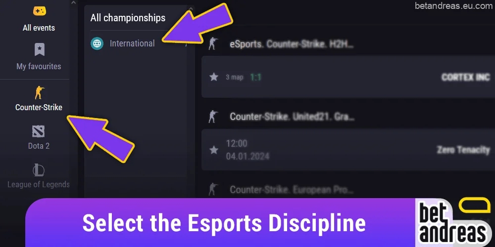 Select the esports discipline on the Betandreas website