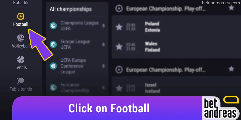 On the left panel of the Betandreas website, select "Football"