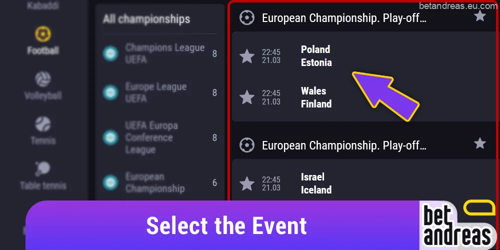 Select the event you wish to bet on at Betandreas