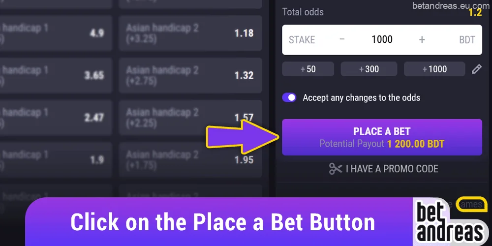 Click on the "Place a bet" button on Betandreas