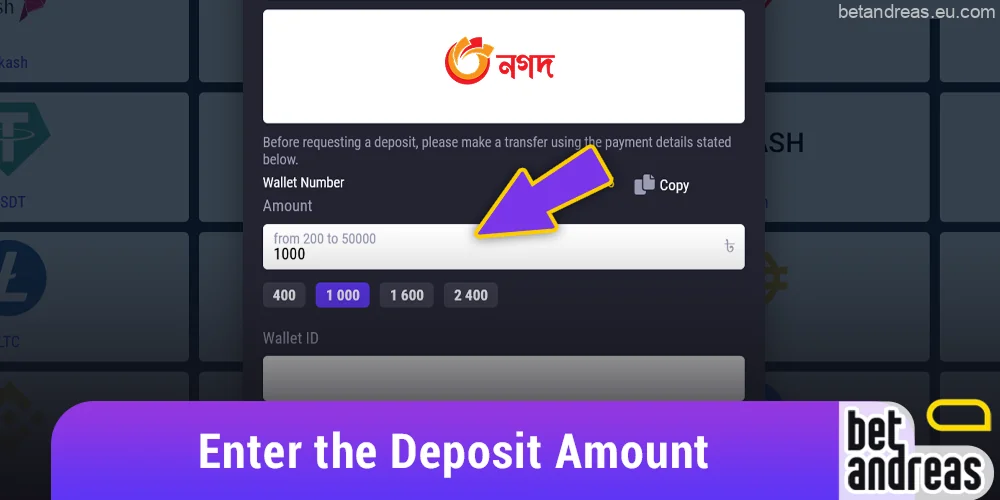 Enter the deposit amount, respecting the limits for each payment method on Betandreas